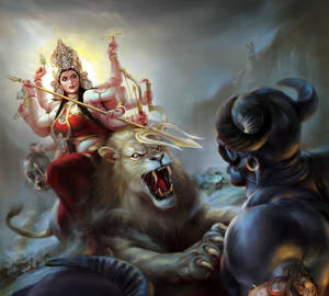 女神杜爾迦騎著獅子，在神話戰鬥場景中與惡魔戰鬥。 — Maa Durga 壁紙