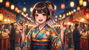 一個穿著花卉和服的微笑女孩在夜晚發光的紙燈籠下手持節日燈籠。 — 動漫女孩 壁紙