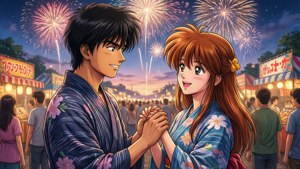 動漫情侶穿著浴衣在煙火節牽手。 — ROG Ally 壁紙
