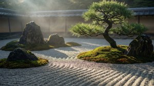 禪意花園，有耙過的礫石、長滿苔蘚的岩石和晨光中的松樹 — 日式自然壁紙