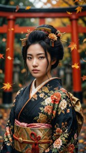 身穿華麗和服的女士站在紅色鳥居附近，秋葉飄落。