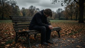 一名男子獨自坐在秋天公園的長椅上，低著頭，周圍散落著落葉。 — 憂鬱 GIF 壁紙