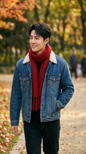 年輕男子穿牛仔外套和紅色圍巾在秋日公園漫步 — 王一博 壁紙