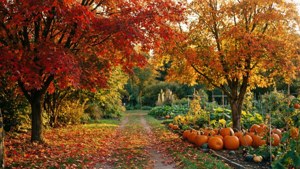 一個溫馨的秋日花園，點綴著楓葉和南瓜。 — 花園 壁紙
