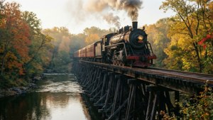 蒸汽火車在秋林中駛過河上的木橋 — 火車 壁紙