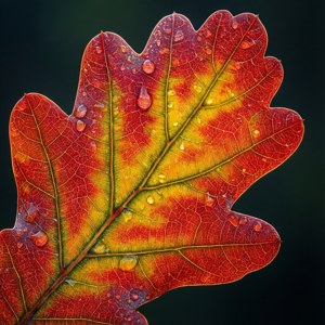 一片詳細的秋天橡樹葉，在其鮮豔的紅色、黃色和綠色葉脈上有露珠。 — 美學秋季 壁紙