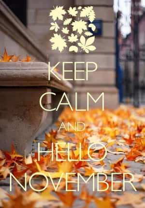 石階上鋪滿橙色和黃色的秋葉，並有一張「Keep Calm and Hello November」海報。 — 節日 GIF 壁紙