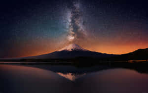 富士山在銀河下，夜間完美水面倒影 — 山脈 壁紙