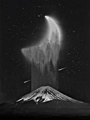 山峰剪影與森林月亮及流星在繁星夜空 — 高畫質月亮 壁紙