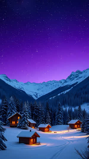 積雪的山間小屋在星空下散發溫暖燈光，紫色天空 — 1440x2560 壁紙