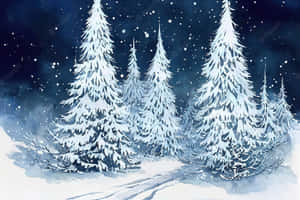 在繁星點點的夜空下，寧靜的冬日森林中積雪的松樹。 — 可愛聖誕節 壁紙