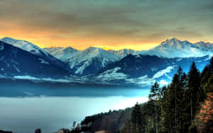 日出時積雪的山脈，下方有霧，前景有常綠樹 — 冬季風景 壁紙