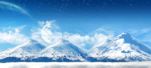雲層之上的積雪山峰，星空中有月亮和地球 — 冬季桌面 壁紙