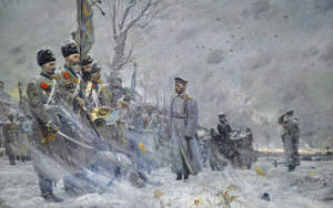 穿著冬季裝備的士兵在灰天下，站在雪地戰場上。 — 莫斯科 壁紙