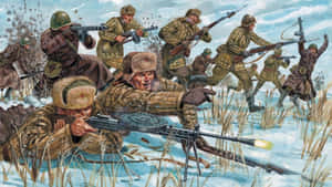 穿著冬季裝備的士兵在雪地上用步槍和機槍作戰。 — 莫斯科 壁紙