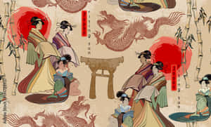 傳統日本藝術風格中，鳥居附近有龍和竹子的穿著和服的藝妓。 — 日式審美桌面 壁紙