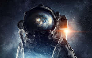穿著太空衣的太空人透過頭盔面罩，在繁星背景和太陽耀斑中觀看地球。 — 宇宙美學 壁紙