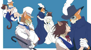 穿著正式復古服裝的擬人貓咪在風格化插圖中擺姿勢。 — 搞笑貓咪 壁紙