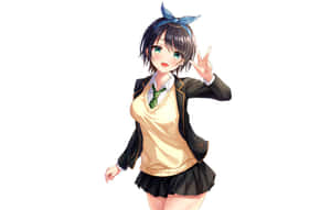 戴藍色蝴蝶結的動漫女學生比出和平手勢。 — 可愛動漫女孩 壁紙
