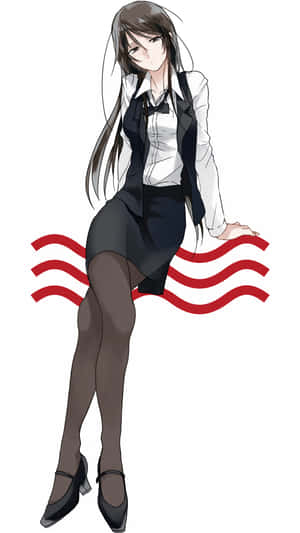 穿著校服的動漫女孩坐著，身後有紅色波浪線。 — 妖狐藏馬 壁紙