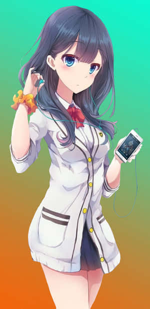穿著校服的動漫女孩拿著手機並戴著耳機。 — 美學音樂 壁紙