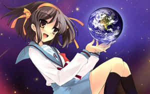 穿著校服的動漫女孩在太空中手持地球，身後有星星。 — 春野櫻 壁紙