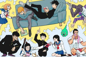 穿著校服的動漫青少年與漂浮的幽靈一起玩牌和放鬆。 — 路人超能100 GIF 壁紙