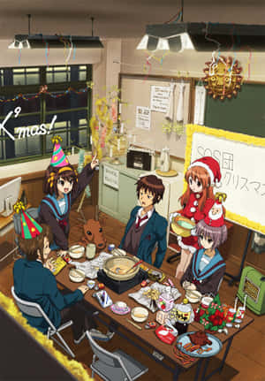動漫學生在教室裡用食物和裝飾慶祝聖誕節。 — 黑川伊佐那 壁紙