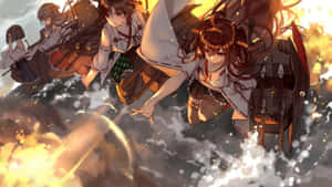 穿著校服的動畫女孩乘著軍艦穿越爆炸性的海浪。 — 混沌武士 壁紙