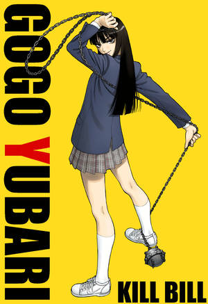 來自《追殺比爾》的動畫角色 Gogo Yubari 拿著一條鏈條，鏈條上有一個球和鏈條連接到她的腳踝。 — 殺戮魅影 壁紙