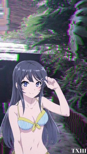 穿著條紋比基尼的動漫女孩在帶有故障效果的背景中揮手。 — 中性風格的動畫女孩 壁紙