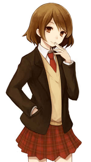 穿著棕色西裝外套和紅色格子裙的動漫女學生，手靠近嘴巴思考。 — 春野櫻 壁紙
