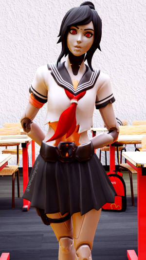 穿著水手服的動漫女孩站在有紅色椅子的教室裡。 — 月兔 Fortnite 壁紙