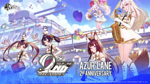 動畫角色在裝飾有樂器和氣球的軍艦上慶祝Azur Lane兩週年。 — 可愛動漫女孩 壁紙