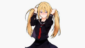 穿著水手服的動畫女孩拉扯她的金髮雙馬尾 — 可愛動漫女孩 壁紙