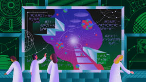 穿著白色外套的科學家在數位螢幕上探索發光的物理方程式和粒子爆發。