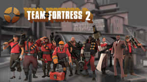 穿著紅色制服的 Team Fortress 2 角色在城市環境中手持武器。 — 盾之勇者 壁紙