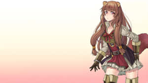 粉紅色漸變背景上穿著幻想服裝、擁有狐狸耳朵和尾巴的動漫女孩 — 戰士 壁紙