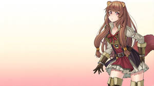 穿著奇幻服裝、擁有狐狸耳朵和尾巴的動漫女孩，背景為粉紅色漸變。 — 拉芙塔莉雅 壁紙
