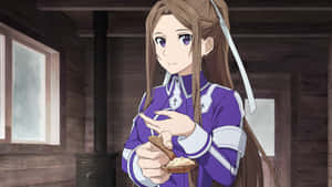 穿著紫色制服的動畫女孩在鄉村木屋中拿著木碗和湯匙。 — 精細 壁紙