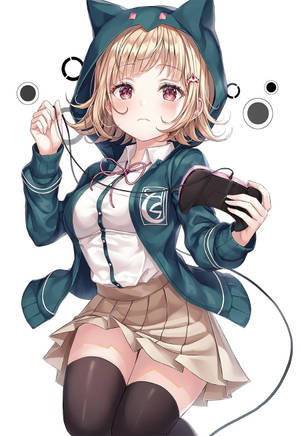 穿著貓耳連帽衫的動漫女孩，拿著遊戲控制器和耳機，臉紅。 — NANA 動畫 壁紙