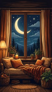 舒適的小屋內部，溫暖的燈光透過窗戶可以看到月光下的雪山。 — 月光 壁紙