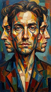 一幅風格化的油畫，描繪了一個男人的臉，從他的頭部浮現出三個側面輪廓，採用大膽的幾何色彩。 — 瘋狂 壁紙