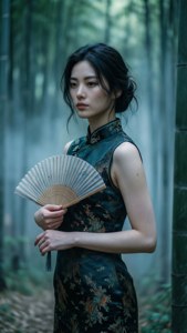 櫻島麻衣穿著旗袍，優雅地佇立於竹林中的精美桌布。 — 櫻島麻衣 壁紙