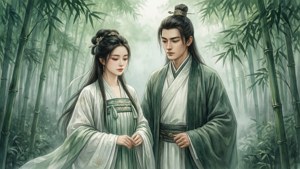 贺天和莫关山在雾气弥漫的竹林中穿着汉服。 — 19天 壁紙