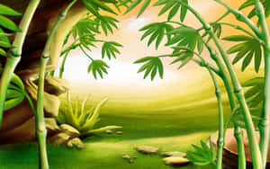 竹拱門框住一個陽光明媚的綠色山谷，有多肉植物和石頭。 — 竹子 壁紙