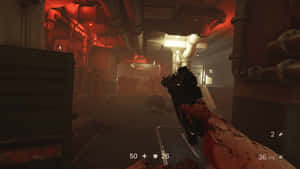 玩家在紅色工業走廊中持血槍，地上有屍體。 — 電玩遊戲 GIF 壁紙