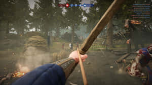 玩家在中世紀森林村莊中瞄準弓箭，有煙霧和戰鬥者 — 電玩遊戲 GIF 壁紙