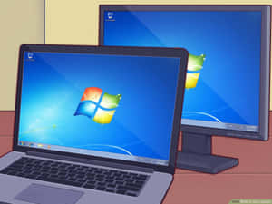 筆記型電腦和顯示器顯示帶有藍色背景和標誌的Windows 7桌面。 — Valorant電腦壁紙