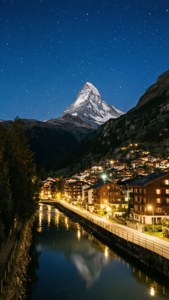 策馬特小鎮夜晚星空，馬特洪峰矗立其上。 — 瑞士 壁紙